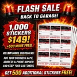 Promotional ad for a flash sale: 1,000 stickers for $149 with 500 free, shows sticker sheets and bold text about business name and contact details.
